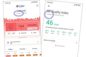 De to appene AirVisual (tv.) og AccuWeather er ikke enig om luftkvaliteten i Pattaya i dag.