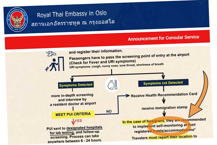 Dette møter deg når du går inn på websiden til den thailandske ambassaden i Oslo. Informasjonen er feil, inkludert en opplysning om at det er «self-monitoring» for utlendinger som reiser til Thailand.