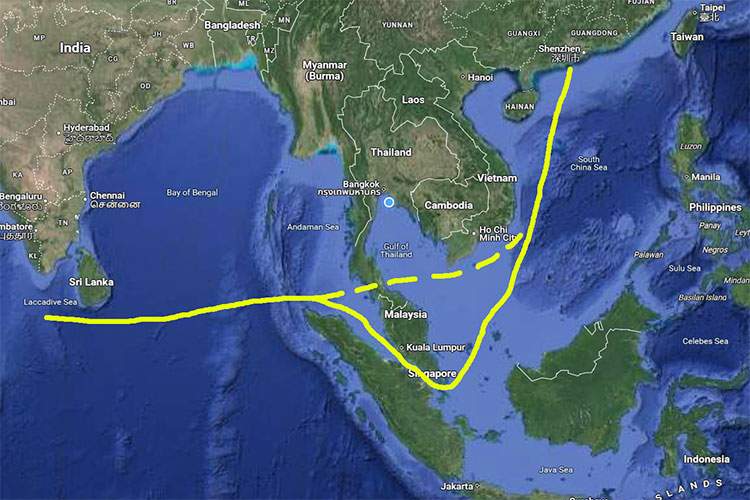 Dagens shippingrute via Malakkastredet (hel linje) og alternativ rute gjennom Thailand (stiplet linje).